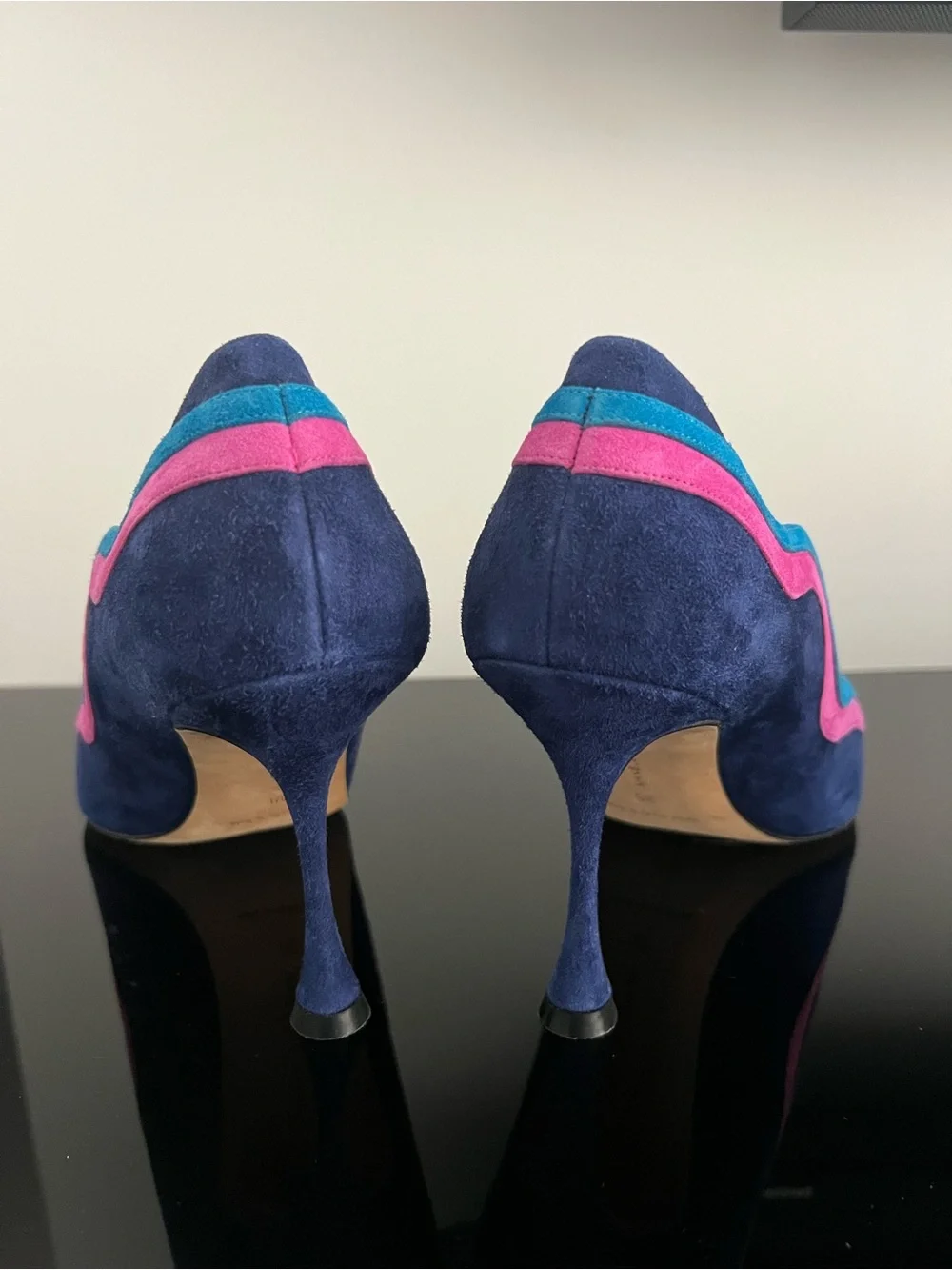 Manolo Blahnik Navy Suede Pumps with Pink & Teal Trim - Picture 3 of 5